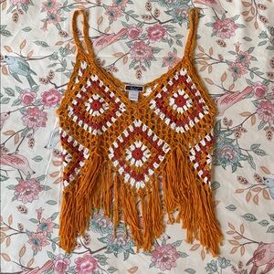 Crochet Fringe Cami - Orange, White, Red Brown